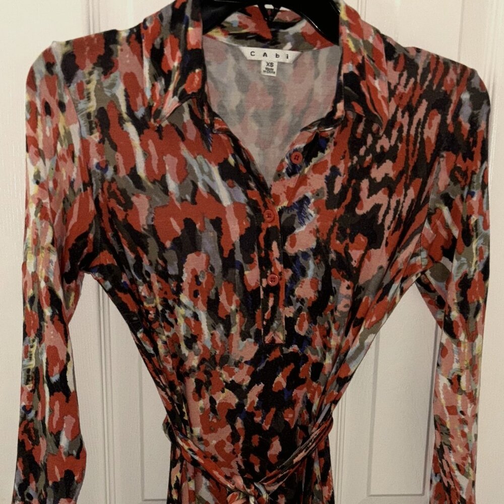 CAbi Red Abstract Watercolor Jersey Knit Mock Neck Stretch Buttons XS Dress